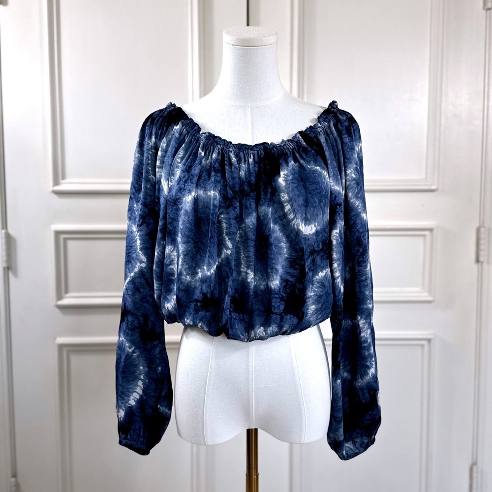 Michael Kors Tie Dye Peasant Top Women's Size L Blue 100% Silk Boho Top
